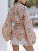 Elegant Floral Print Lantern Sleeve Shirt And Lace Wrap Mini Skirt Set