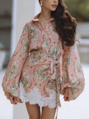 Elegant Floral Print Lantern Sleeve Shirt And Lace Wrap Mini Skirt Set