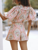 Delicate Floral Print Linen Top And Pleated Mini Shorts Set