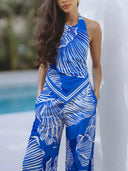 Unique Palm Leaf Print Open Back Tie Top And Elastic Waist Wide Leg Pants Set
