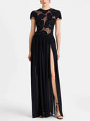 Elegant Sheer Neckline Floral Applique Evening Maxi Dress