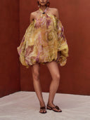 Exquisite Print Halter Neck Off-Shoulder Ruffled Bubble Mini Dress