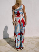 Unique Printed One-Shoulder Tie Top And Elastic Waist Wide Leg Pants Set