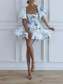 Delicate Floral Print Puff Sleeve Linen Mini Dress