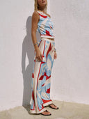 Unique Printed One-Shoulder Tie Top And Elastic Waist Wide Leg Pants Set