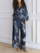 Unique Navy Blue Floral Print Loose-fitting Top with Elastic Waist and Wide-leg Pants Set