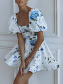 Delicate Floral Print Puff Sleeve Linen Mini Dress