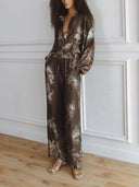Unique Brown Floral Print Loose Top And Elastic Waist Wide-Leg Pants Set