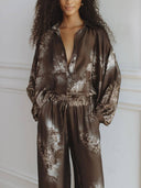 Unique Brown Floral Print Loose Top And Elastic Waist Wide-Leg Pants Set