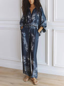 Unique Navy Blue Floral Print Loose-fitting Top with Elastic Waist and Wide-leg Pants Set