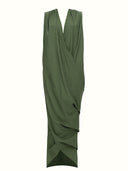 Modern Pleated Draped Linen Maxi Dress