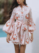 Elegant Rose Print Bow-Embellished Linen Mini Dress