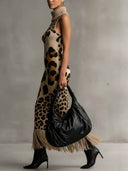 Leopard Print Turtleneck Sleeveless Fringe Bodycon Knit Maxi Dress