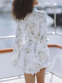 Elegant Floral Print Lace Trim Linen Mini Dress