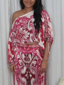 Elegant Baroque Print One-Shoulder Top & Wide-Leg Pants Two-Piece Set