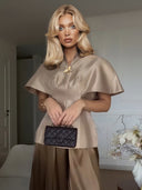 Exquisite Satin Cape Top & Wide-Leg Trousers Two-Piece Set