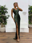 Elegant V-neck Draped Evening Gown Maxi Dress