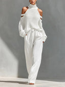 Casual Open-shoulder Knitted Top Wide-leg Pants Two-piece Set
