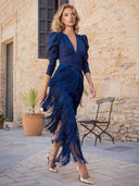 Elegant Tassel V-Neck Long Sleeve Maxi Dress