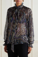 Retro Bow Print Chiffon Long-Sleeve Loose Blouse