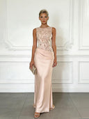 Elegant Green Embroidery Satin Crew Neck Sleeveless Sheath Maxi Dress