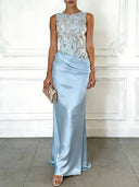 Elegant Light Pink Embroidery Satin Crew Neck Sleeveless Sheath Maxi Dress
