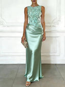 Elegant Light Pink Embroidery Satin Crew Neck Sleeveless Sheath Maxi Dress