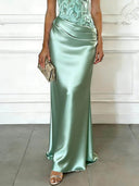 Elegant Yellow Embroidery Satin Crew Neck Sleeveless Sheath Maxi Dress