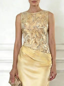 Elegant Green Embroidery Satin Crew Neck Sleeveless Sheath Maxi Dress
