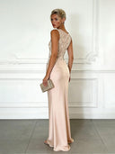 Elegant Green Embroidery Satin Crew Neck Sleeveless Sheath Maxi Dress