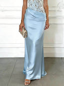 Elegant Light Pink Embroidery Satin Crew Neck Sleeveless Sheath Maxi Dress