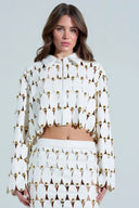Exquisite Cut-Out Studded PU Cropped Cardigan Top And Maxi Skirt Set