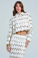 Exquisite Cut-Out Studded PU Cropped Cardigan Top