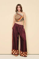 Unique Paisley Color-Block Satin Elastic Waist Wide-Leg Pants