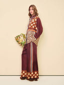 Unique Paisley Color-Block Satin Elastic Waist Wide-Leg Pants