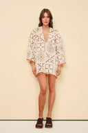 Exquisite Color-Block Print V-Neck Crochet Mini Dress