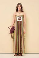 Retro Striped Palm Tree Print Spaghetti Strap Slit Maxi Dress