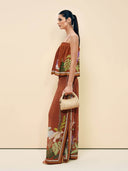 Delicate Ruffle Printed Drawstring Slit Wide-Leg Pants