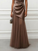 Elegant Strapless Draped Satin Evening Gown Maxi Dress