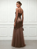 Elegant Strapless Draped Satin Evening Gown Maxi Dress
