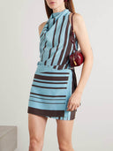 Fashion Striped Print Backless Vest Top And Mini Wrap Skirt Set