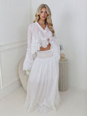 Elegant Lace Patchwork Top & High-Waist Smocked Maxi Skirt Set