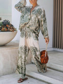 Casual Palm Leaf Print Loose Shirt And Wide-Leg Pants Set