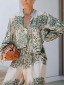 Casual Palm Leaf Print Loose Shirt And Wide-Leg Pants Set