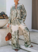 Casual Palm Leaf Print Loose Shirt And Wide-Leg Pants Set
