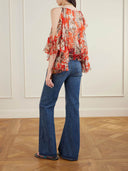 Modern Off-Shoulder Asymmetric Fringe Ruffle Printed Chiffon Blouse