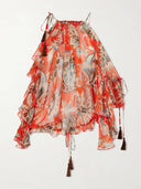 Modern Off-Shoulder Asymmetric Fringe Ruffle Printed Chiffon Blouse