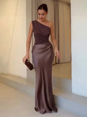 Elegant One Shoulder Neck Pleated Party Maxi Dress