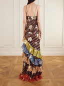 Delicate Ruffled Tiered Printed Metallic Chiffon Maxi Dress