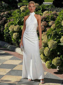 Elegant Satin Backless Ruched Bodycon Maxi Dress